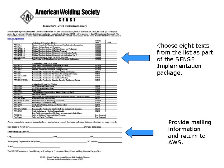 Choose eight texts from the list as part of the SENSE Implementation package. Provide