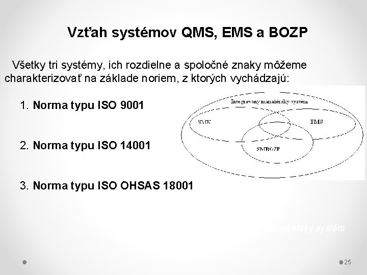 Vzťah systémov QMS, EMS a BOZP Všetky tri systémy, ich rozdielne a spoločné znaky