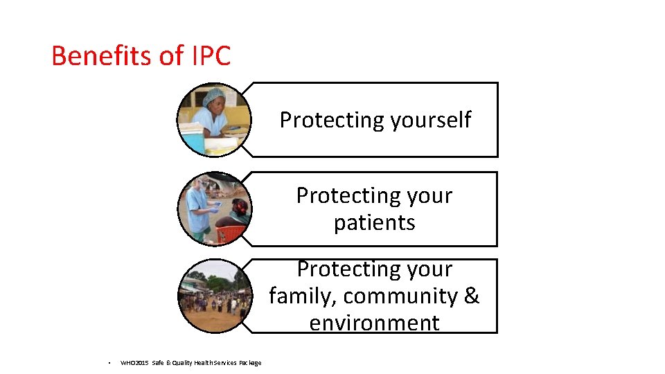 Benefits of IPC Protecting yourself Protecting your patients Protecting your family, community & environment