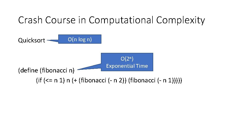 Crash Course in Computational Complexity Quicksort O(n log n) O(2 n) Exponential Time (define