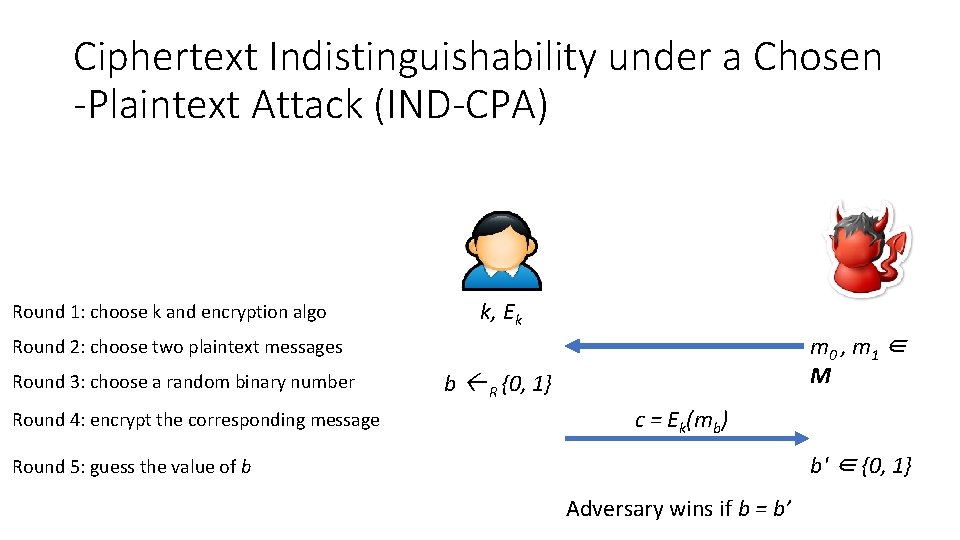Ciphertext Indistinguishability under a Chosen -Plaintext Attack (IND-CPA) Round 1: choose k and encryption