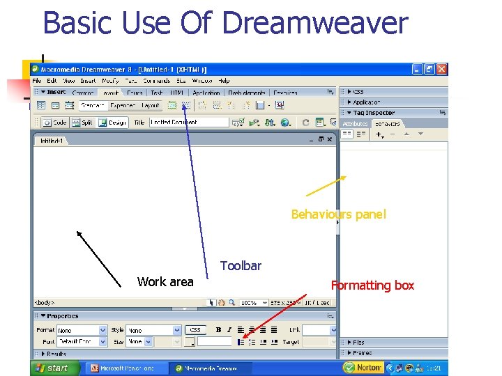 Basic Use Of Dreamweaver Behaviours panel Toolbar Work area Formatting box Basic Use Of Dreamweaver Behaviours panel Toolbar Work area Formatting box
