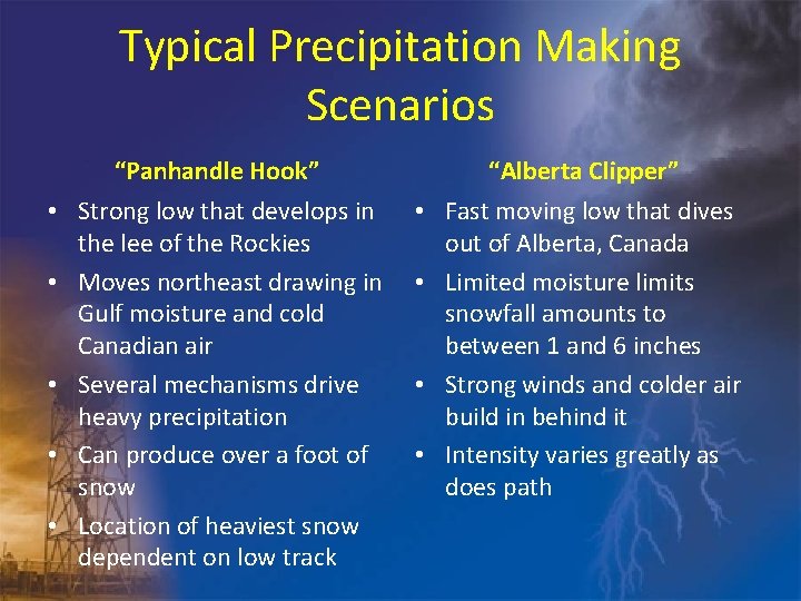 Typical Precipitation Making Scenarios “Panhandle Hook” “Alberta Clipper” • Strong low that develops in