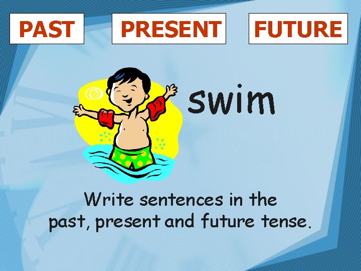 PAST PRESENT FUTURE swim Write sentences in the past, present and future tense. 