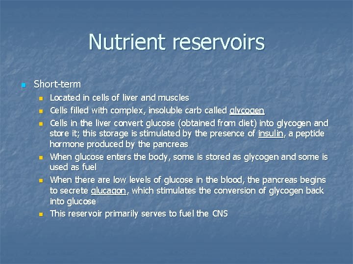 Nutrient reservoirs n Short-term n n n Located in cells of liver and muscles