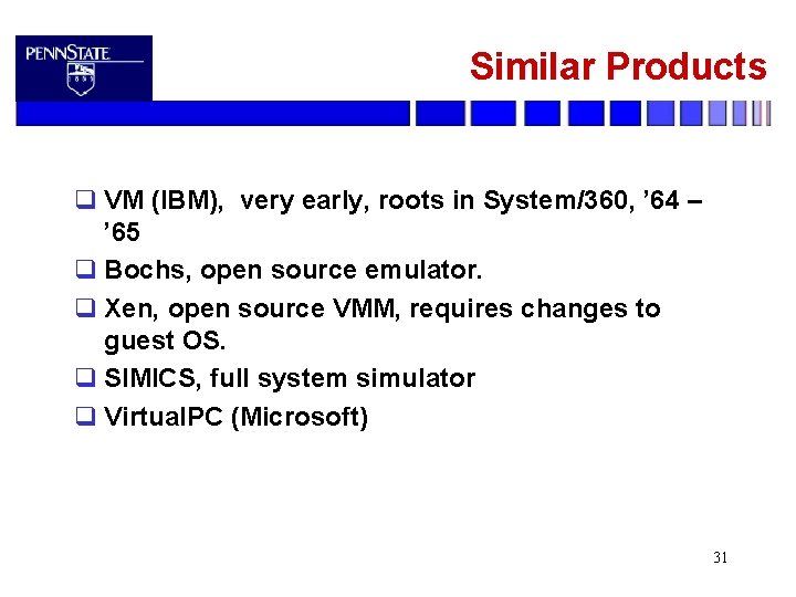 Similar Products q VM (IBM), very early, roots in System/360, ’ 64 – ’