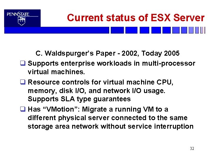 Current status of ESX Server C. Waldspurger’s Paper - 2002, Today 2005 q Supports