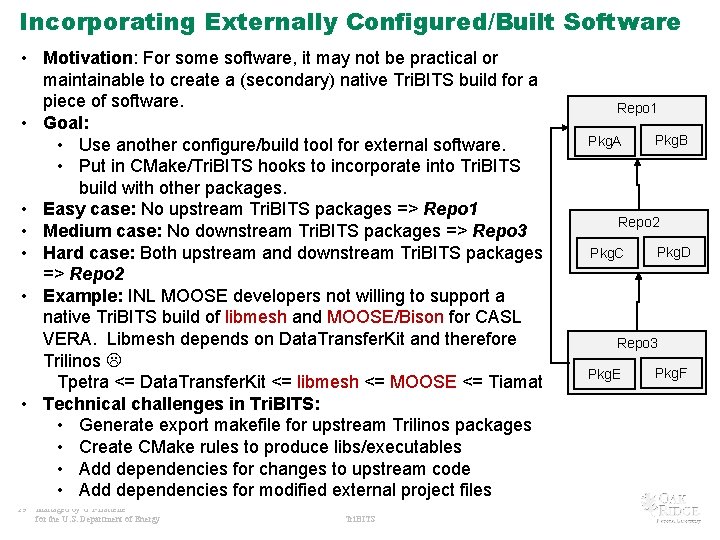 Incorporating Externally Configured/Built Software • Motivation: For some software, it may not be practical