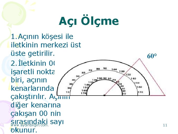 Açı Ölçme 1. Açının köşesi iletkinin merkezi üste getirilir. 2. İletkinin 00 işaretli noktalarından