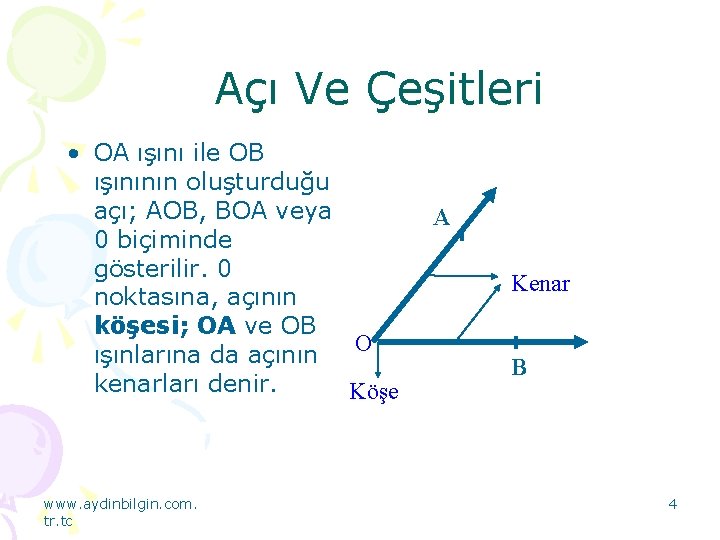 Açı Ve Çeşitleri • OA ışını ile OB ışınının oluşturduğu açı; AOB, BOA veya