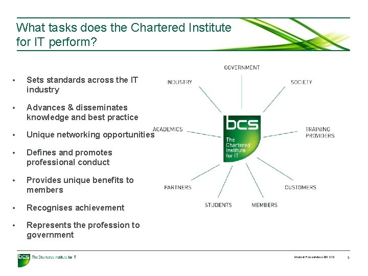 What tasks does the Chartered Institute for IT perform? • Sets standards across the