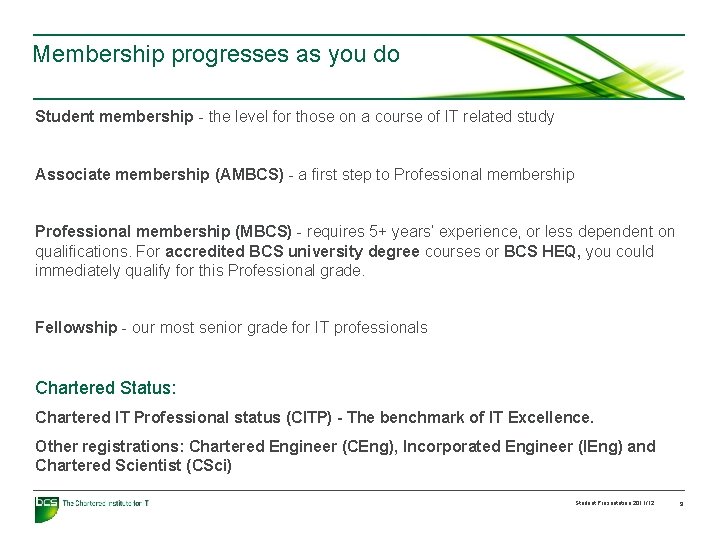 Membership progresses as you do Student membership - the level for those on a