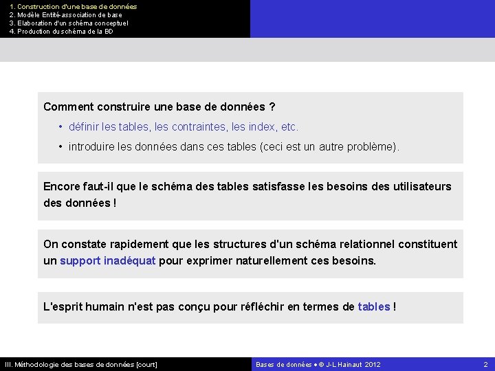 1. Construction d'une base de données 2. Modèle Entité-association de base 3. Elaboration d'un