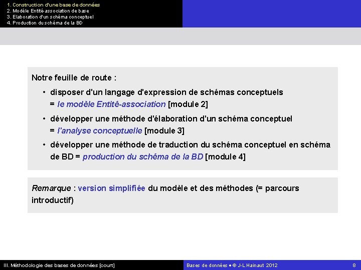 1. Construction d'une base de données 2. Modèle Entité-association de base 3. Elaboration d'un