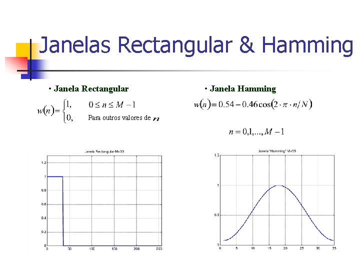 Janelas Rectangular & Hamming • Janela Rectangular Para outros valores de • Janela Hamming