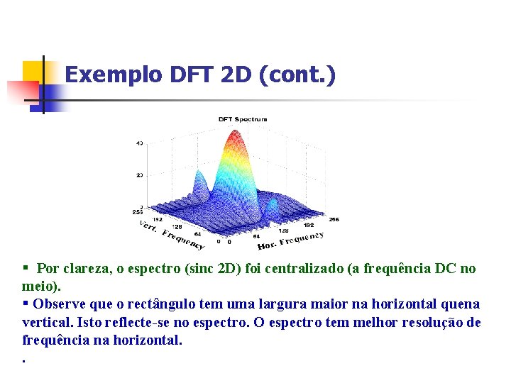 Exemplo DFT 2 D (cont. ) § Por clareza, o espectro (sinc 2 D)