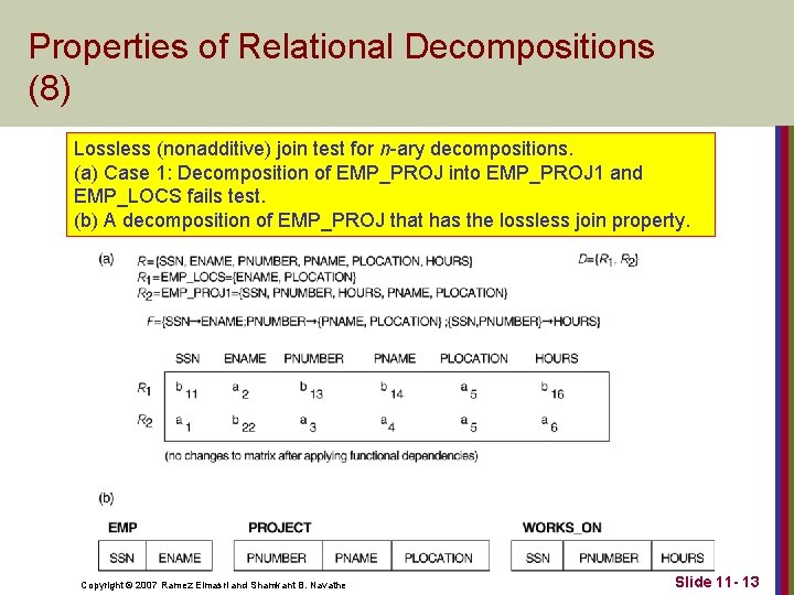 Properties of Relational Decompositions (8) Lossless (nonadditive) join test for n-ary decompositions. (a) Case Properties of Relational Decompositions (8) Lossless (nonadditive) join test for n-ary decompositions. (a) Case