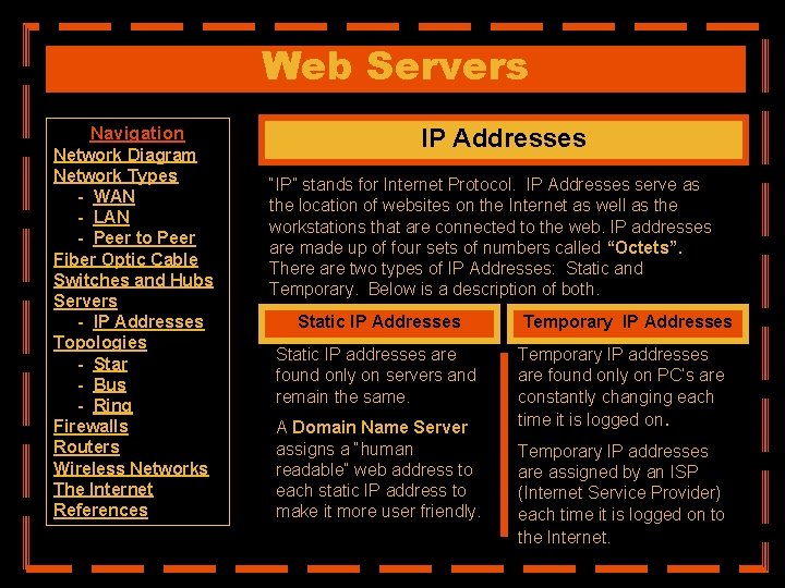 Web Servers Navigation Network Diagram Network Types - WAN - LAN - Peer to