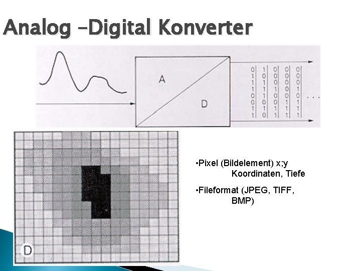Analog –Digital Konverter • Pixel (Bildelement) x; y Koordinaten, Tiefe • Fileformat (JPEG, TIFF,