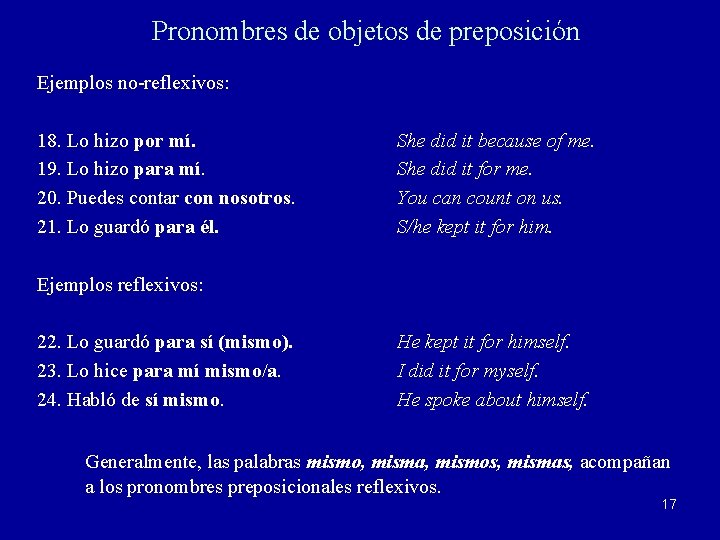 Pronombres de objetos de preposición Ejemplos no-reflexivos: 18. Lo hizo por mí. 19. Lo