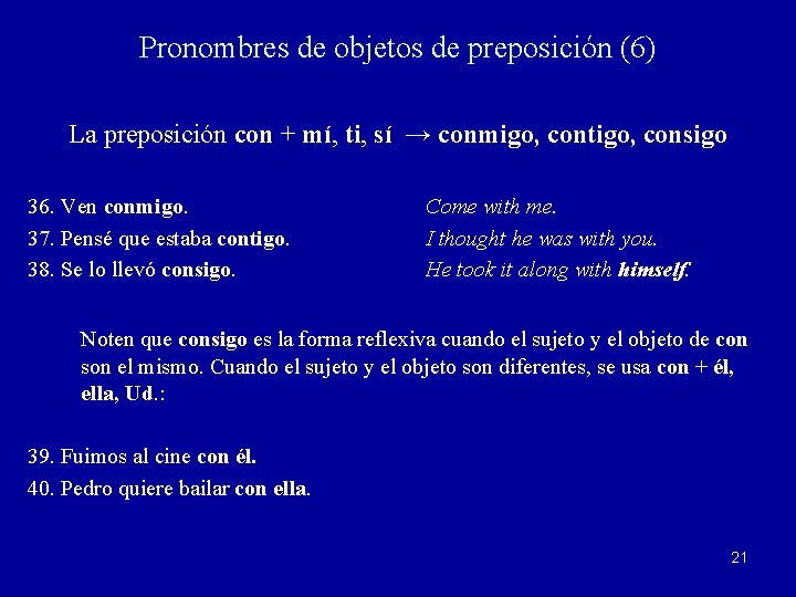Pronombres de objetos de preposición (6) La preposición con + mí, ti, sí →