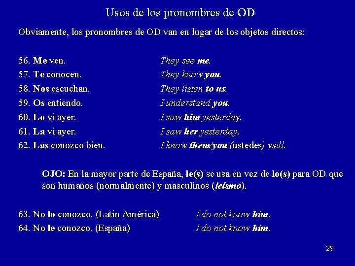 Usos de los pronombres de OD Obviamente, los pronombres de OD van en lugar