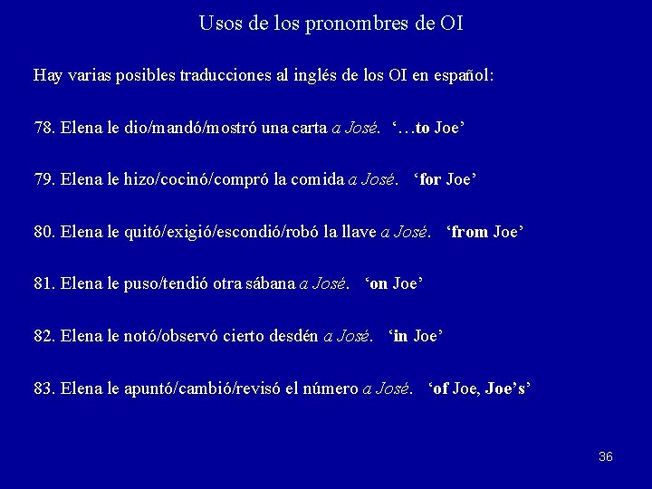 Usos de los pronombres de OI Hay varias posibles traducciones al inglés de los