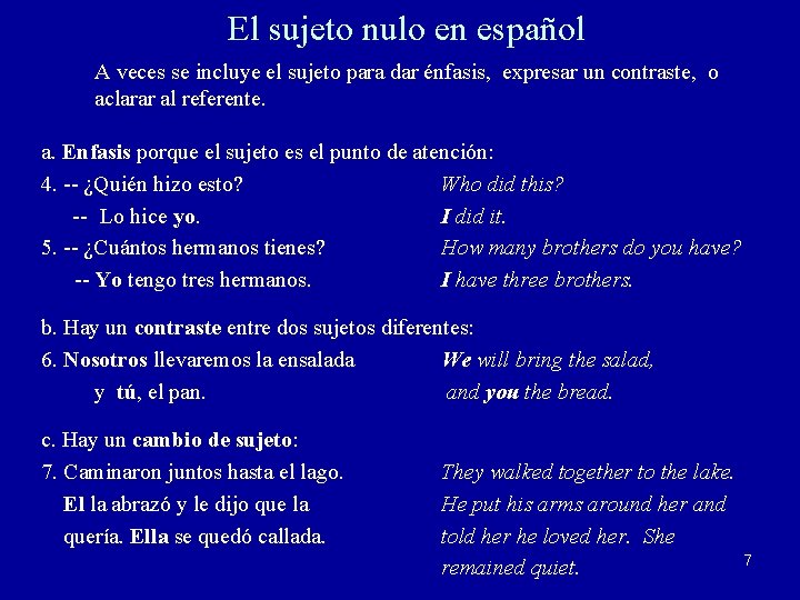El sujeto nulo en español A veces se incluye el sujeto para dar énfasis,