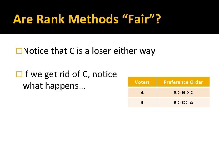 Are Rank Methods “Fair”? �Notice that C is a loser either way �If we