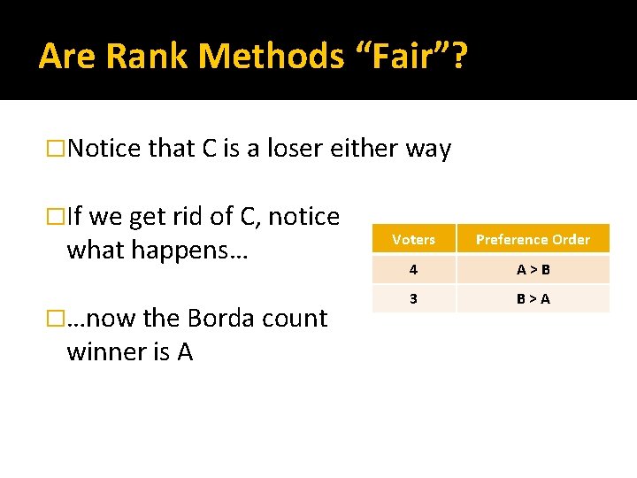 Are Rank Methods “Fair”? �Notice that C is a loser either way �If we