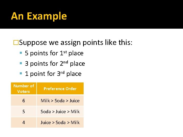 An Example �Suppose we assign points like this: 5 points for 1 st place