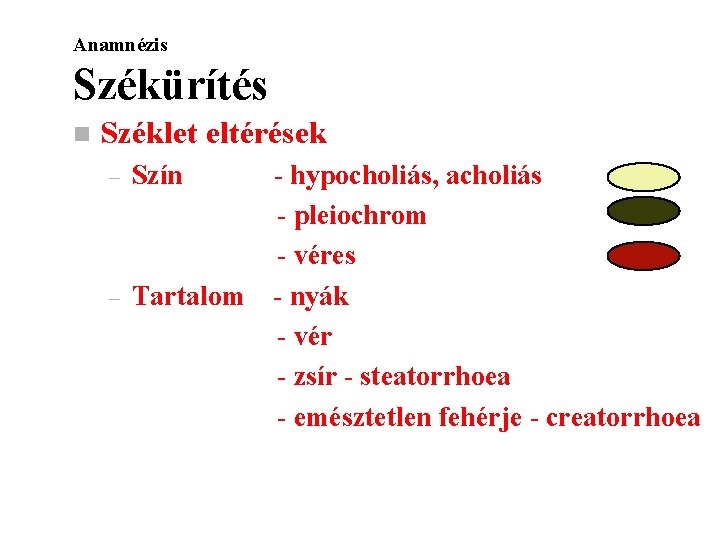 Anamnézis Székürítés n Széklet eltérések – Szín – Tartalom - hypocholiás, acholiás - pleiochrom