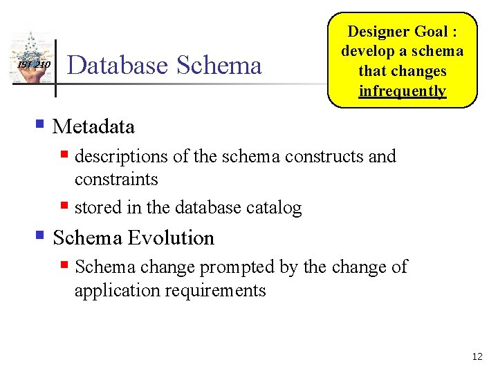 IST 210 Database Schema Designer Goal : develop a schema that changes infrequently §