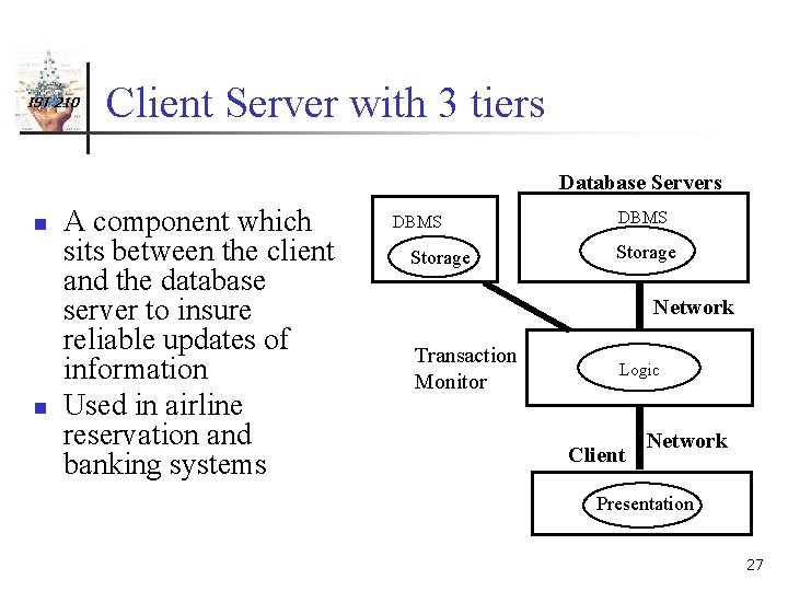 IST 210 Client Server with 3 tiers Database Servers n n A component which