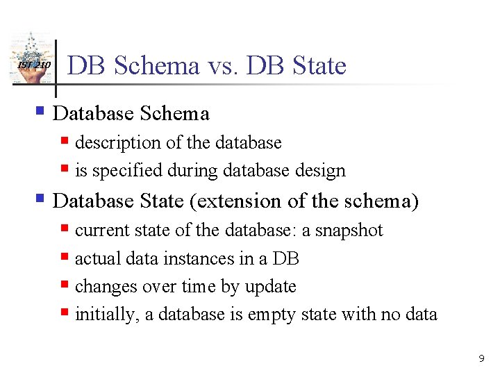 IST 210 DB Schema vs. DB State § Database Schema § description of the