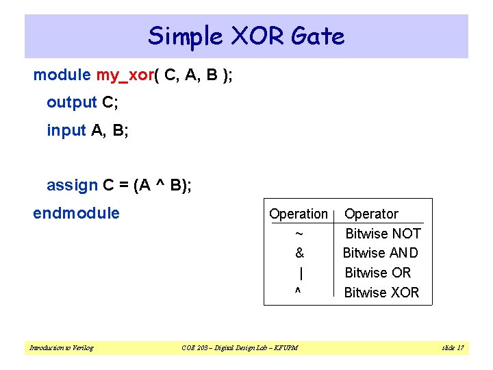 Simple XOR Gate module my_xor( C, A, B ); output C; input A, B;