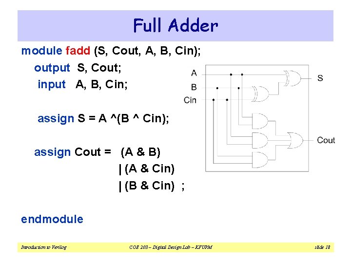 Full Adder module fadd (S, Cout, A, B, Cin); output S, Cout; input A,