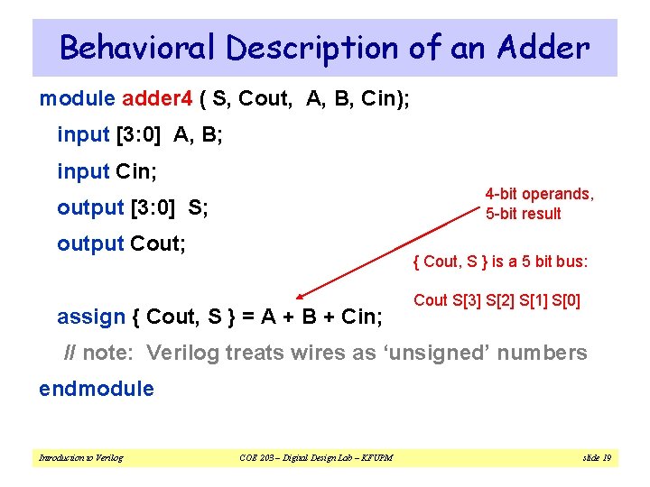 Behavioral Description of an Adder module adder 4 ( S, Cout, A, B, Cin);