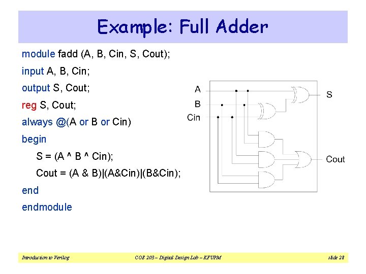 Example: Full Adder module fadd (A, B, Cin, S, Cout); input A, B, Cin;