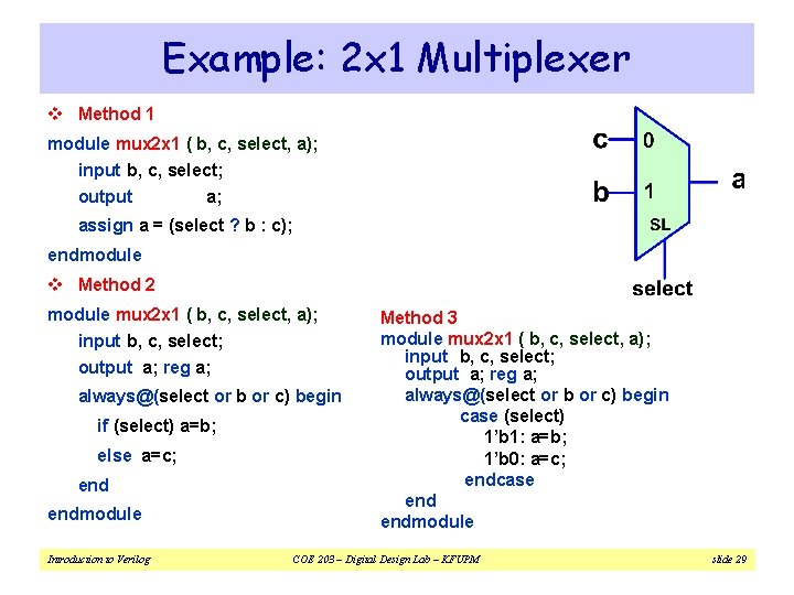 Example: 2 x 1 Multiplexer v Method 1 module mux 2 x 1 (