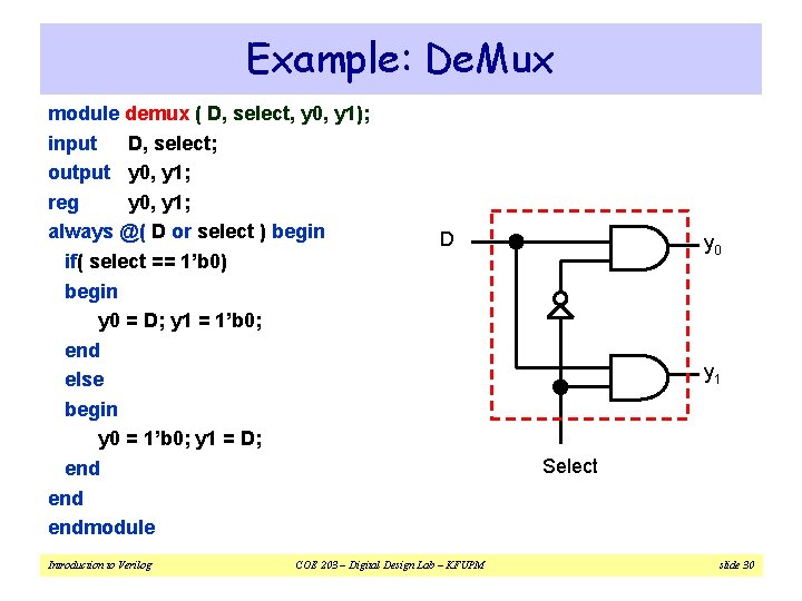 Example: De. Mux module demux ( D, select, y 0, y 1); input D,