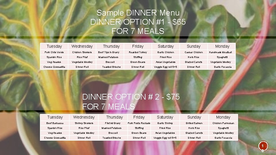 Sample DINNER Menu DINNER OPTION #1 - $65 FOR 7 MEALS Tuesday Wednesday Thursday