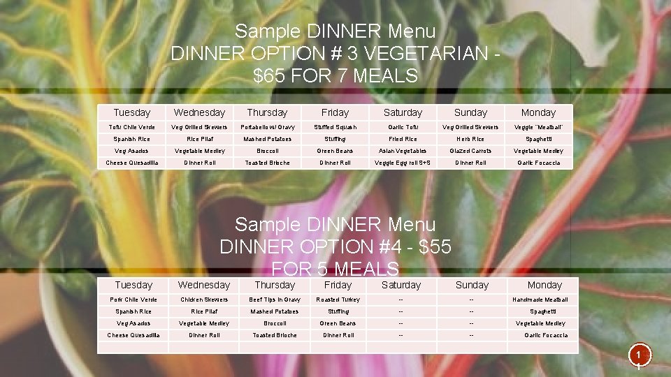 Sample DINNER Menu DINNER OPTION # 3 VEGETARIAN $65 FOR 7 MEALS Tuesday Wednesday