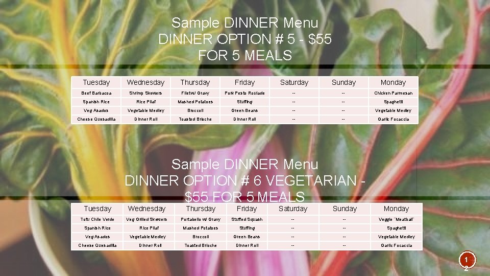 Sample DINNER Menu DINNER OPTION # 5 - $55 FOR 5 MEALS Tuesday Wednesday