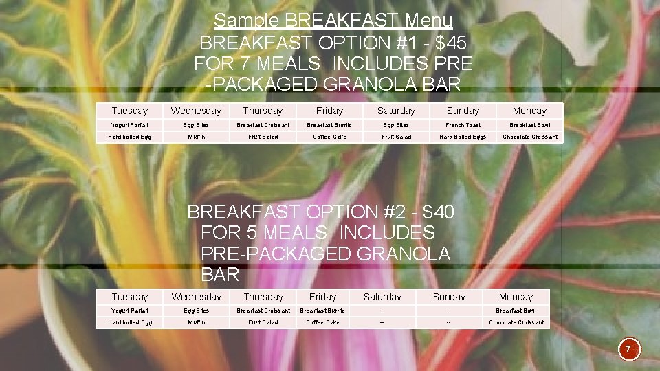 Sample BREAKFAST Menu BREAKFAST OPTION #1 - $45 FOR 7 MEALS INCLUDES PRE -PACKAGED