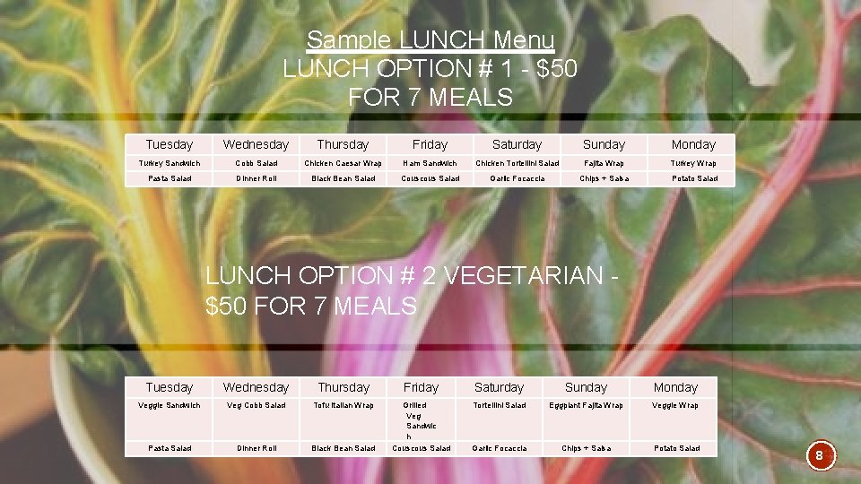 Sample LUNCH Menu LUNCH OPTION # 1 - $50 FOR 7 MEALS Tuesday Wednesday