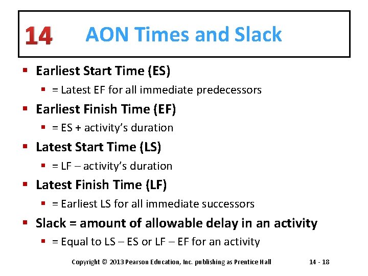14 AON Times and Slack § Earliest Start Time (ES) § = Latest EF
