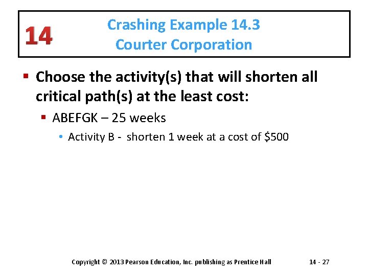 14 Crashing Example 14. 3 Courter Corporation § Choose the activity(s) that will shorten