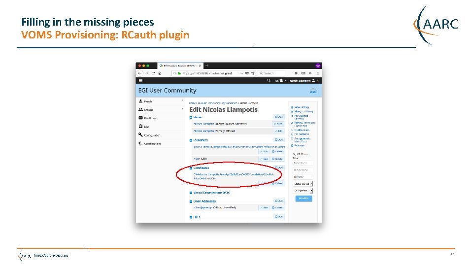 Filling in the missing pieces VOMS Provisioning: RCauth plugin https: //aarc-project. eu 12 