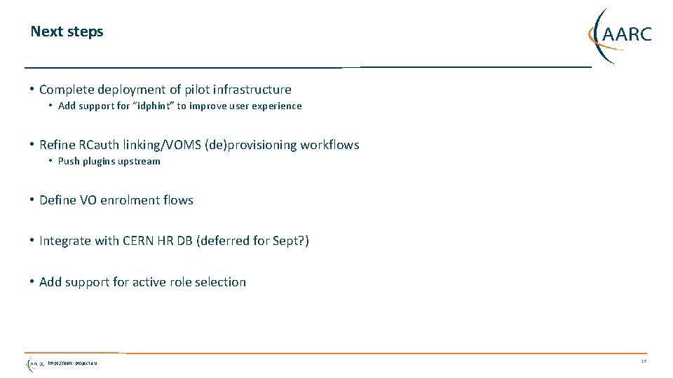 Next steps • Complete deployment of pilot infrastructure • Add support for “idphint” to